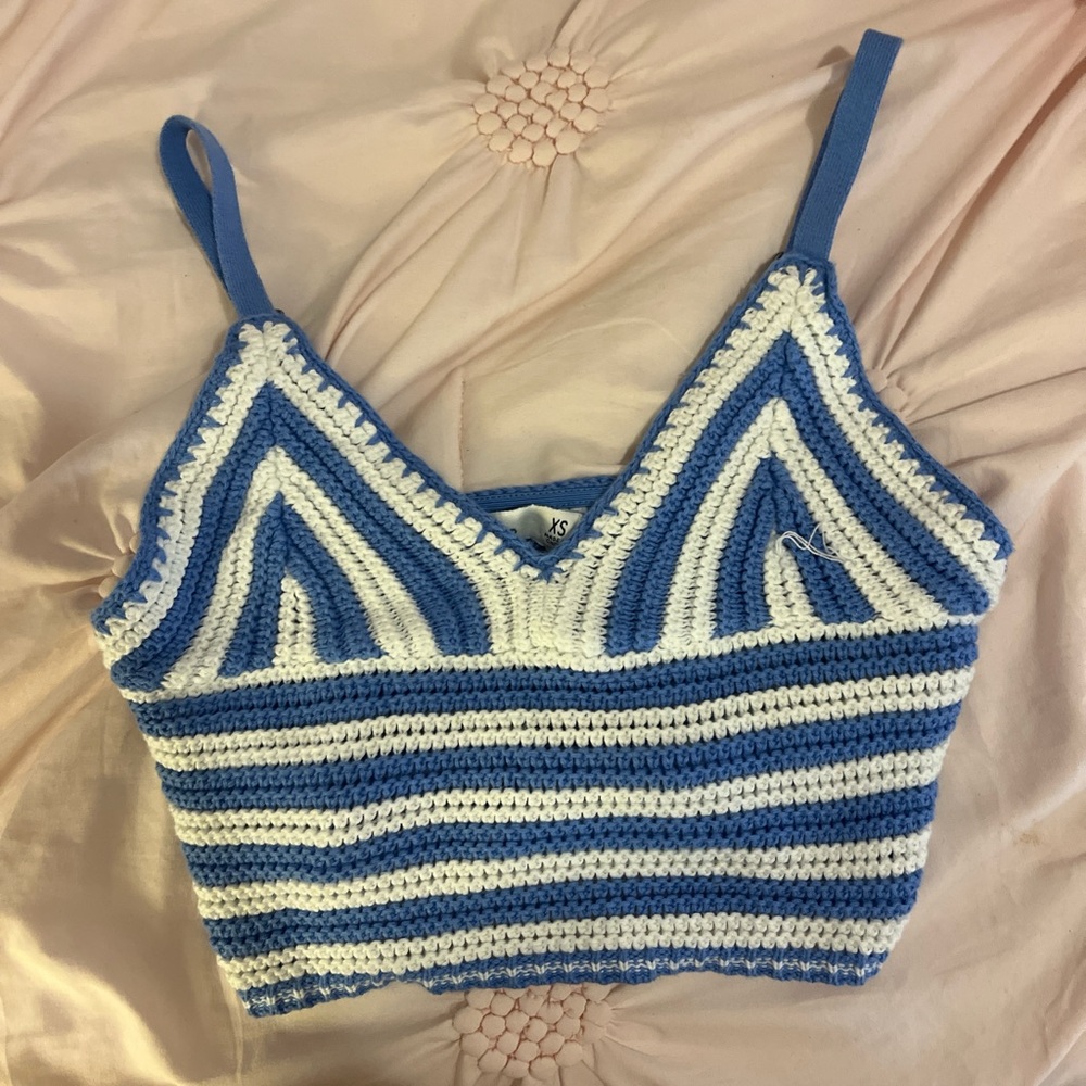 Hollister Blue and White Cropped Tank Top